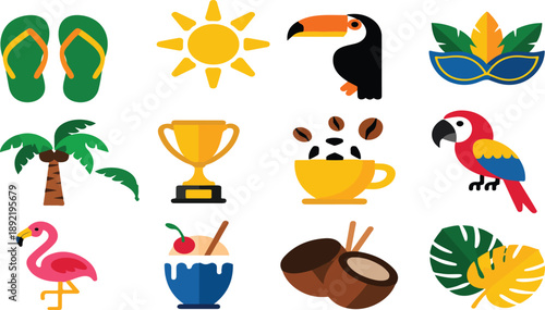Brazil Carnival and Summer Travel Icon Set – Tropical Festival and Culture Elements