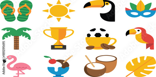 Brazil Carnival and Summer Travel Icon Set – Tropical Festival and Culture Elements