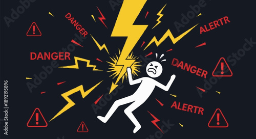 Person struck by lightning danger alert warning symbol.