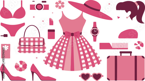 Pink Women Fashion Accessories Vector Set – Dress, Shoes, Bag, and Cosmetics