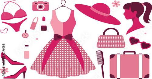 Pink Women Fashion Accessories Vector Set – Dress, Shoes, Bag, and Cosmetics