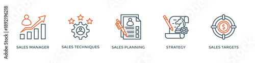 Sales management banner web icon vector illustration concept with icon of manager, techniques, planning, strategy, and targets