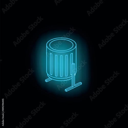 Neon blue trash can glowing on dark background, isometric projection