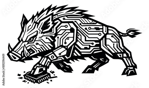 Electronic illustration of an aggressive wild boar depicting circuit board patterns and a microchip for technology and computing