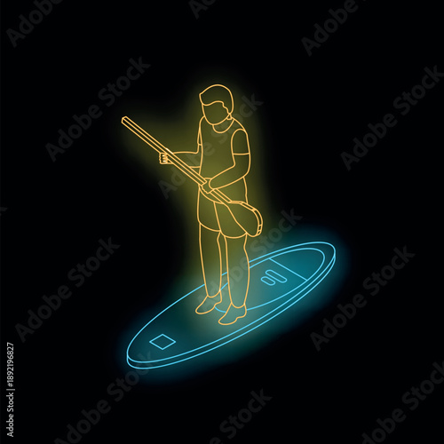 Neon sign of man standing on paddle board holding paddle representing summer water sport activity