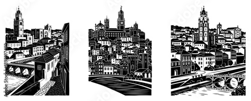 panoramic view of old european city with bridge and river in woodcut style