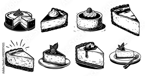 Collection of sweet cheesecake slices and desserts in hand drawn engraving style
