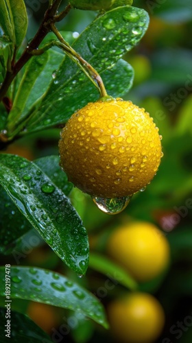 Wallpaper Mural Close up of a wet yellow fruit on a tree branch Torontodigital.ca