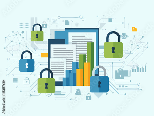 Secure Data Analysis and Protection Measures Illustrated with Locks and Documents