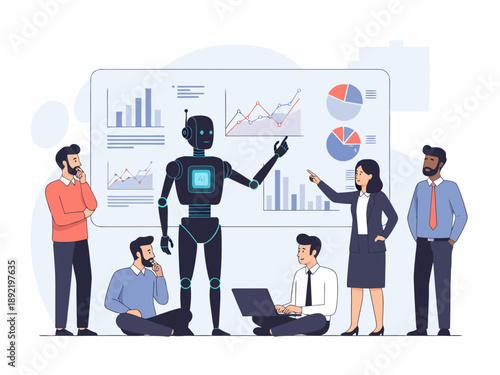 Business professionals collaborating with robot to analyze data and charts on screen in modern office environment from a slightly elevated viewpoint