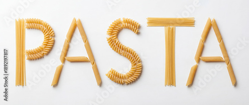 Obraz  z motywem “PASTA” Word Formed with Mixed Dried Noodles Flat Lay