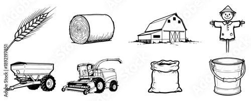 Rustic farming landscape elements including barn and combine harvester