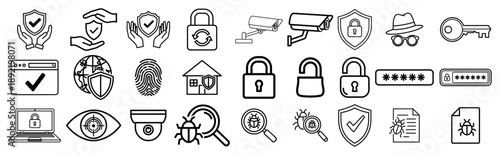 Linear vector icons set related to cyber security and data protection