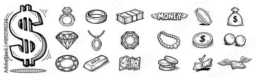 hand drawn sketch icons of money and wealth symbols including dollar sign