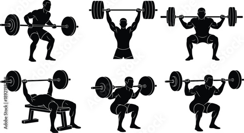 Collection, of, black, silhouettes, featuring, male, weightlifters, and, bodybuilders, performing, squats, deadlifts, and, bench, press, for, fitness, gym, and, strength.