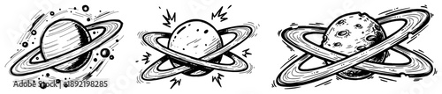Hand drawn sketch of planets with rings and stars in outer space