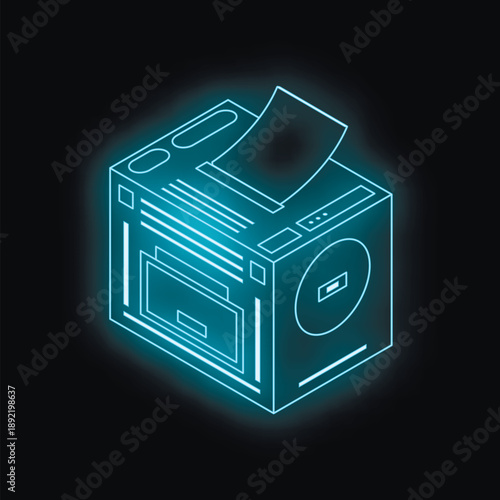 Neon isometric printer producing documents in the dark, concept of printing and futuristic technology