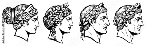 Vintage engraved style ancient Greek and Roman profile portraits
