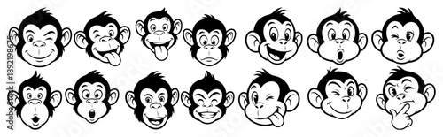 Set of cute cartoon monkey faces with different emotional expressions