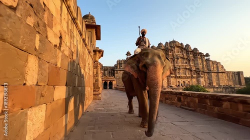 Majestic elephant with mahout walking on stone rampart path at ancient sandstone Amer Fort in Jaipur, Rajasthan, India, during golden hour, low angle view