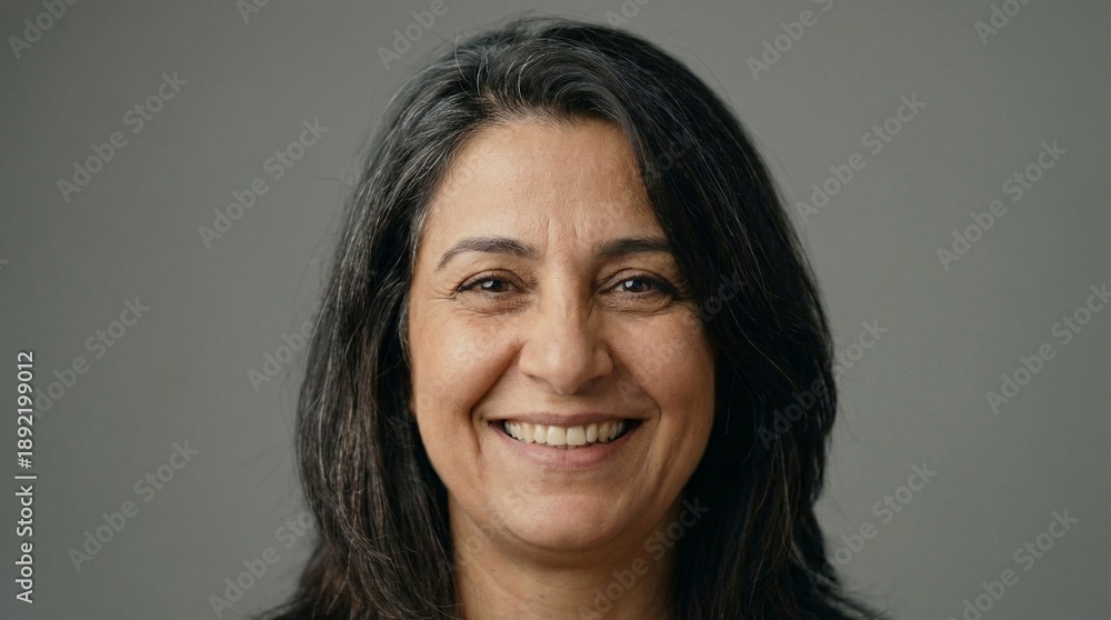 Fototapeta premium Close-up of a middle-aged Arab woman's face without a hijab on an isolated gray background.