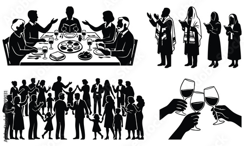 Family meal passover silhouette set bundle of people at seder dinner