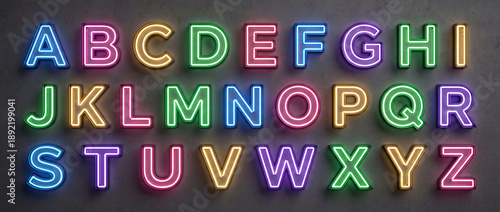 Neon Glowing Alphabet Letters Luminous Modern Typography