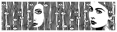 Surreal female portrait with many watching eyes hidden in vertical wavy lines