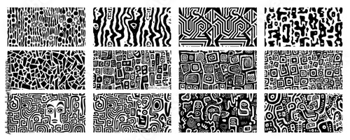 set of hand drawn tribal doodle patterns and abstract organic textures with faces