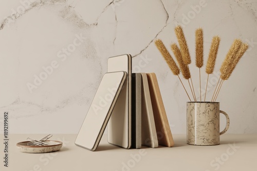 Wallpaper Mural Modern Desk Setup With Smartphones Books And Dried Grass In A Vase image photo Torontodigital.ca