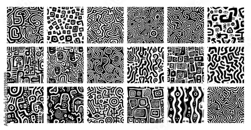 Large collection of abstract black and white tribal textures and doodle patterns