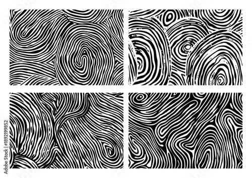 Abstract woodcut patterns resembling fingerprints and tree rings