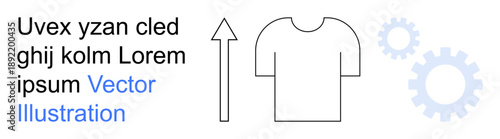Growth, fashion trends, industrial process, customization, workflow, progress. T-shirt outline accompanied by an arrow and gear icons. Growth and fashion trends concept