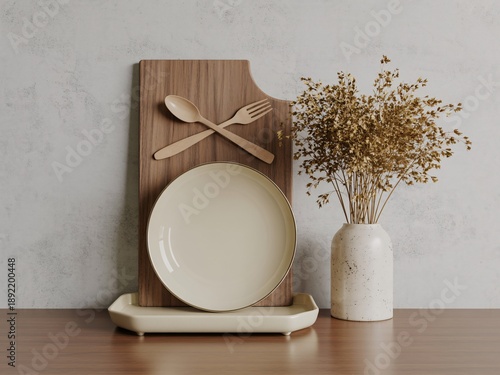 Wallpaper Mural Wooden Cutting Board With Plate Spoon Fork And Dried Flowers kitchen dining Torontodigital.ca