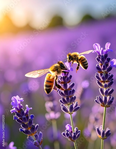 A bee hovers near purple lavender flowers in a field