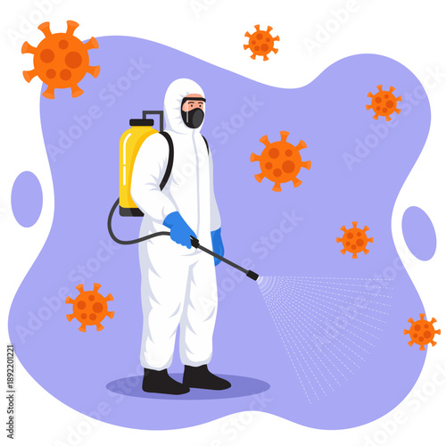 Specialist in hazmat suit spraying disinfectant to kill virus and bacteria flat vector illustration.