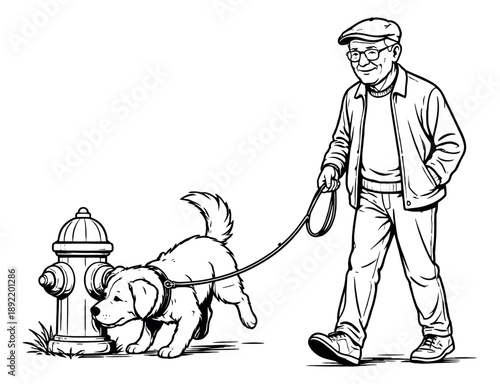 Line art illustration of an elderly man and his dog depicting the dog sniffing a fire hydrant for a senior walking his pet