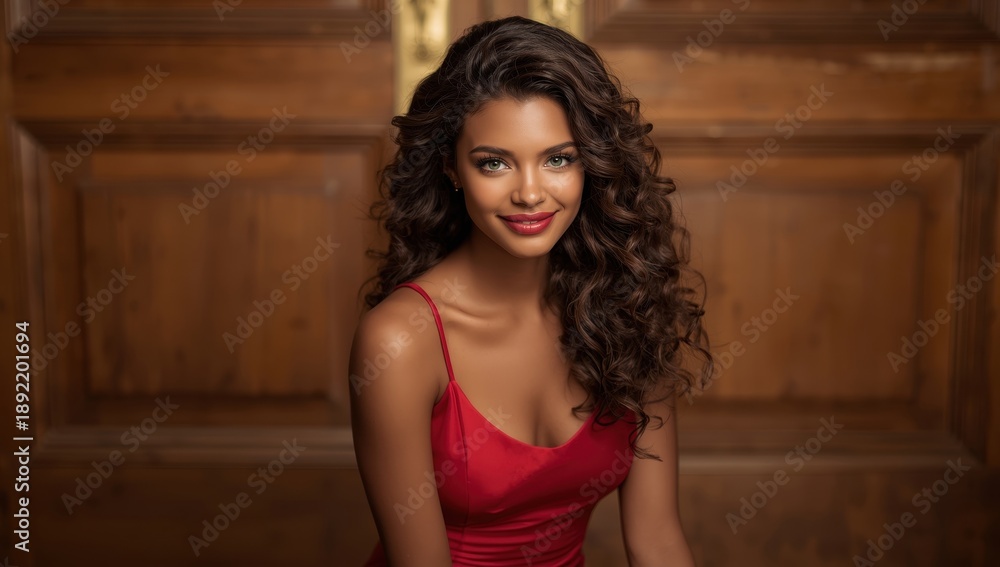 Fototapeta premium Image of an attractive young lady in a red dress seated by a door.jpeg