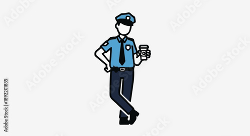 Police Officer Holding Coffee Cup Standing Isolated White Background.