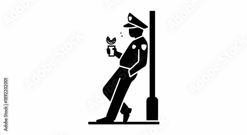 Police officer leaning on pole holding coffee cup.