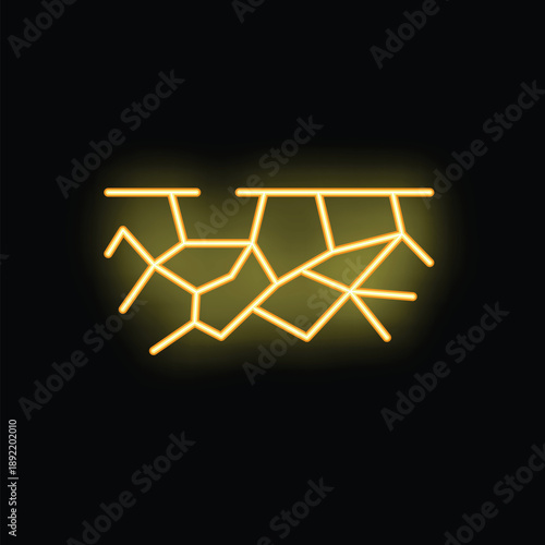 Yellow glowing neon icon of a damaged surface, representing concepts like destruction, earthquake aftermath, or aging infrastructure