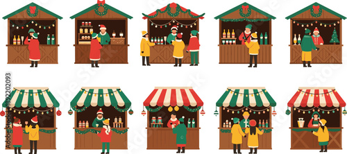 Set of Flat Vector Illustrations Featuring Festive Christmas Market Stalls with Vendors Selling Drinks and Gifts to People in Winter Clothing for Seasonal Promotion (25 words)