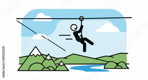 Person ziplining over scenic landscape with mountains and river.