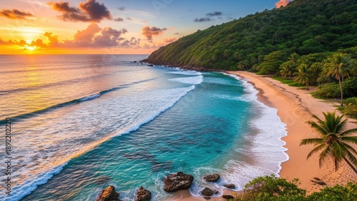 A serene beach at sunset with turquoise water and lush greenery