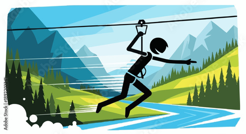 Person ziplining over river in mountains.