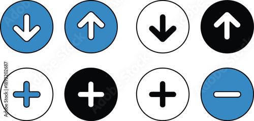 Blue and black circle with white and black arrows and symbols