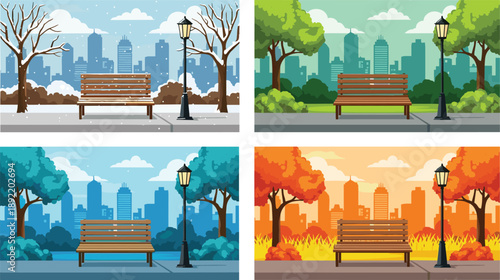 Vector Illustration Set of a City Park Bench Under a Lamp Post During Winter Spring Summer and Autumn Showing Changing Seasonal Weather and Foliage (25 words)
