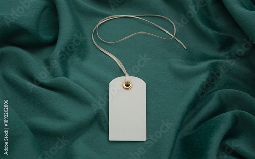Wallpaper Mural Empty white tag with string on draped dark green velvet fabric label blank Torontodigital.ca