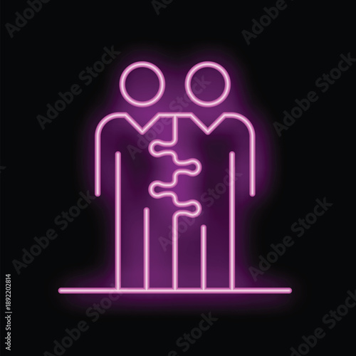 Purple neon icon representing two businessmen sharing ideas, symbolizing teamwork and collaboration