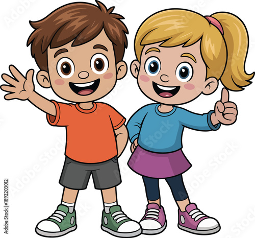 Cartoon boy and girl standing side by side waving and pointing children kids